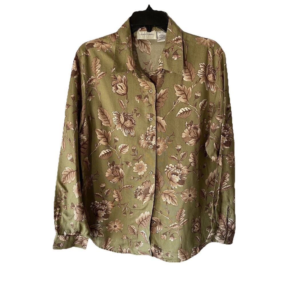 Lemon Grass Womans Fall Floral Button Up Blouse Top‎ L Mature Casual Old Money